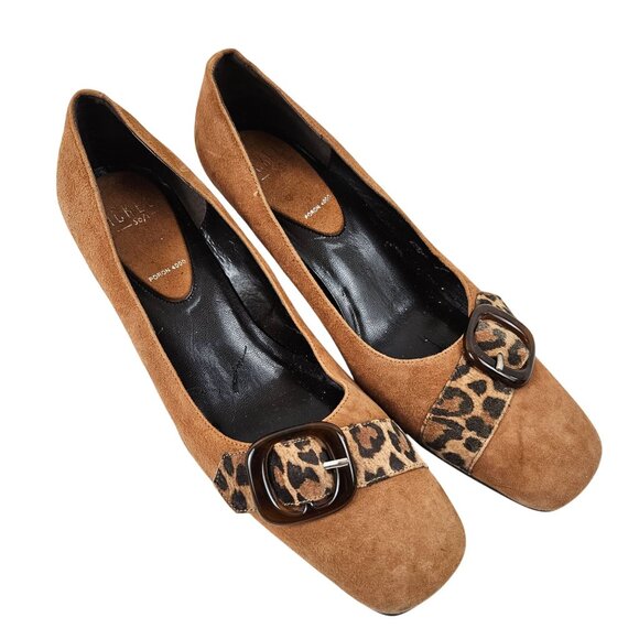 Nickels Heels Womens Size 8.5 M Brown Leopard Print Suede Buckle Accent - Picture 1 of 10